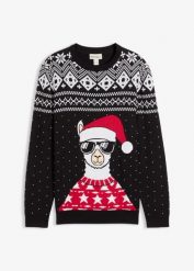 Świąteczny sweter z miękkiej mieszanki bawełny. Czarne swetry męskie bonprix, m, bez wzorów, z bawełny, wizytowe, bez kołnierzyka, bez ramiączek. Za 129.99 zł.