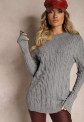 Ciemnoszary Sweter z Wiskozą Ozdobiony Tłoczeniem Savra. Szare swetry nierozpinane damskie Renee, na zimę, bez wzorów, z wiskozy, casualowe, bez kołnierzyka, bez ramiączek. Za 99.99 zł.