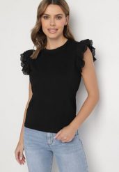 Czarny Top z Bawełny Ozdobiony Ażurowymi Rękawami Nalathiel. Czarne topy damskie Born2be, s, w ażurowe wzory, z bawełny, eleganckie, bez kołnierzyka, bez ramiączek. Za 39.99 zł.