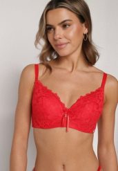 Czerwony Koronkowy Biustonosz z Kokardką Nealenia. Czerwone biustonosze Born2be, bez wzorów, z koronki. Za 39.99 zł.