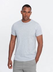 Męski klasyczny bawełniany T-shirt BASIC - szary melanż V5 OM-TSBS-0146 - XXL. Szare t-shirty męskie Ombre Clothing, l, bez wzorów, z bawełny, bez kołnierzyka, bez ramiączek. W wyprzedaży za 24.99 zł.