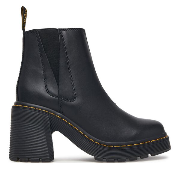 Botki Dr. Martens. Czarne botki damskie Dr. Martens, bez wzorów, bez obcasa, na słupku, bez zapięcia. Za 989.99 zł.