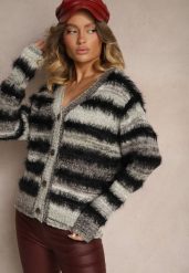 Czarno-Szary Rozpinany Kardigan z Wiskozą i Wełną w Paski Esamara. Czarne kardigany damskie Renee, bez wzorów, z jeansu, eleganckie, bez kołnierzyka. Za 59.99 zł.