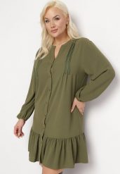 Jasnozielona Koszulowa Sukienka Mini z Falbanką Brindel. Zielone sukienki damskie Born2be, l, bez wzorów, bez kołnierzyka, bez ramiączek, mini, koszulowe. Za 89.99 zł.