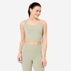 Koszulka fitness damska Domyos kwadratowy dekolt. Brązowe bluzki damskie DOMYOS, l, bez wzorów, z elastanu, eleganckie, bez kołnierzyka, bez ramiączek. Za 64.99 zł.