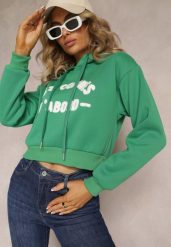 Zielona Dzianinowa Bluza z Nadrukiem i Kapturem Faminese. Zielone bluzy damskie Renee, l, z aplikacjami, z dzianiny, casualowe, bez ramiączek, z kapturem. Za 59.99 zł.