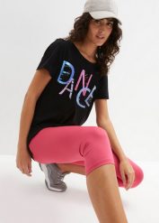 T-shirt z nadrukiem w stylu retro. Czarne t-shirty damskie bonprix, bez wzorów, retro, bez kołnierzyka, bez ramiączek. Za 59.99 zł.