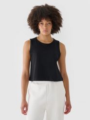 4F Crop top regular gładki damski - czarny M. Czarne topy damskie 4F, m, bez wzorów, z bawełny, sportowe, bez kołnierzyka, bez ramiączek. W wyprzedaży za 29.99 zł.