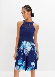 Sukienka z dżerseju z koronką. Czarne sukienki damskie bonprix, bez wzorów, z dżerseju, bez kołnierzyka, bez ramiączek. Za 159.99 zł.