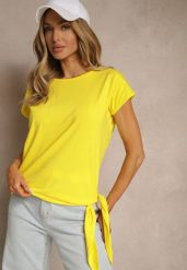 Żółty T-shirt z Bawełny z Ozdobnym Wiązaniem Termio. Żółte t-shirty damskie Renee, m, bez wzorów, z bawełny, biznesowe, bez kołnierzyka, bez ramiączek. Za 29.99 zł.