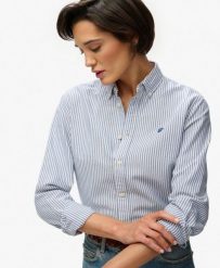 Superdry Damska koszula Oxford slim z długim rękawem – AZURE BLUE STRIPE OXFORD. Niebieskie koszule damskie Superdry, bez wzorów, z bawełny, bez kołnierzyka, bez ramiączek. Za 313.80 zł.