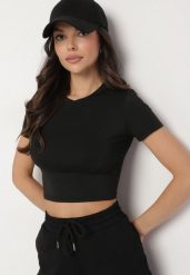 Czarny T-shirt z Wiskozą o Dopasowanym Kroju Typu Crop Top Folirra. Czarne t-shirty damskie Born2be, m, bez wzorów, z jeansu, klasyczne, bez kołnierzyka, bez ramiączek. Za 39.99 zł.