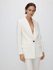 Marynarka z szalowym kołnierzem - biały. Białe marynarki i żakiety damskie Reserved, bez wzorów, z tkaniny, bez kołnierzyka, bez ramiączek. W wyprzedaży za 119.99 zł.