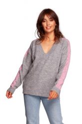 Sweter w Serek z Lampasami - Szary. Szare swetry nierozpinane damskie MOE, l, bez wzorów, z materiału, bez kołnierzyka, bez ramiączek. Za 176.26 zł.