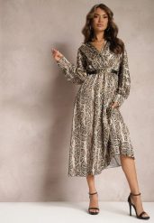 Jasnobeżowa Sukienka w Panterkę z Kopertowym Dekoltem Balme. Brązowe sukienki damskie Renee, na co dzień, m, z aplikacjami, eleganckie, bez kołnierzyka, bez ramiączek, maxi, kopertowe. Za 74.99 zł.