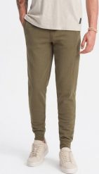 Ombre Męskie bawełniane spodnie dresowe joggery BASIC oliwkowe V2 OM-PABS-0174 S. Zielone spodnie sportowe męskie Ombre, m, bez wzorów, z bawełny. Za 129.99 zł.