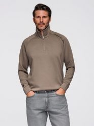 Bluza męska z kontrastowym nadrukiem i rozpinaną wysoką stójką szarobrązowa V3 OM-SSZP-0211 L. Brązowe bluzy męskie Ombre, l, bez wzorów, bez ramiączek, bez kaptura. Za 287.44 zł.