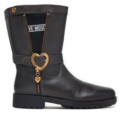 Botki LOVE MOSCHINO. Czarne botki damskie Love Moschino, bez wzorów, bez obcasa, na płaskiej podeszwie, bez zapięcia. Za 1,299.00 zł.