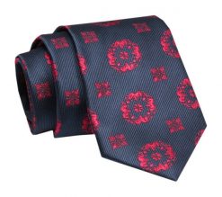 Elegancki, Klasyczny, Męski Krawat -ALTIES - Granat z Czerwonym Motywem Kwiatowym. Czerwone krawaty i muchy Alties, bez wzorów, z tkaniny, eleganckie. Za 49.00 zł.