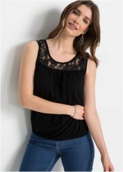Top shirtowy. Czarne topy damskie bonprix, bez wzorów, bez kołnierzyka, bez ramiączek. Za 52.99 zł.