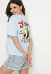 Niebieski T-shirt z Bawełną i Motywem Awokado Addixa. Niebieskie t-shirty damskie Born2be, m, bez wzorów, z bawełny, klasyczne, bez kołnierzyka, bez ramiączek. Za 79.99 zł.