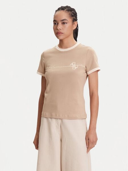 Guess T-Shirt V5YI01 J1314 Beżowy Regular Fit. Brązowe t-shirty damskie Guess, xs, z aplikacjami, z bawełny, bez kołnierzyka, bez ramiączek. Za 99.99 zł.