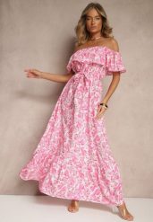 Różowa Kwiatowa Sukienka Typu Hiszpanka z Bawełną Tiarice. Czerwone sukienki damskie Renee, na co dzień, na lato, l, bez wzorów, z bawełny, eleganckie, bez kołnierzyka, bez ramiączek, maxi, proste. Za 54.99 zł.