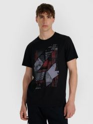 4F T-shirt regular z nadrukiem męski - czarny M. Czarne t-shirty męskie 4F, m, bez wzorów, z bawełny, bez kołnierzyka, bez ramiączek. Za 69.99 zł.