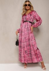 Fuksjowa Plisowana Sukienka Maxi Ozdobiona Wzorem w Tweedowym Stylu Juvioa. Czerwone sukienki damskie Renee, l, bez wzorów, z materiału, bez kołnierzyka, bez ramiączek, maxi. Za 139.99 zł.