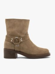 Oliwkowe botki biker boots. Zielone botki damskie Brawo sp. z o.o., bez wzorów, z jeansu, eleganckie, za kostkę, bez obcasa, na obcasie, bez zapięcia. Za 499.99 zł.