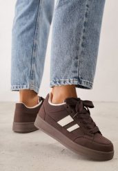Brązowe Sneakersy Basic z Paskami na Boku Adila. Brązowe obuwie sportowe damskie Renee, bez wzorów, z jeansu, bez zapięcia. Za 99.99 zł.