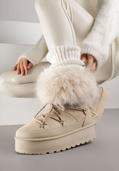 Beżowe Śniegowce na Platformie Ozdobione Futerkiem Teswena. Brązowe śniegowce damskie Renee, z jeansu, bez zapięcia. Za 94.99 zł.