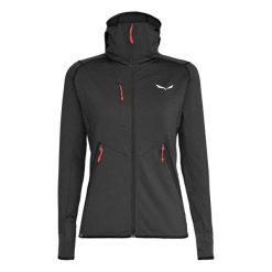 Damska kurtka hybrydowa z kapturem Salewa Agner. Czarne kurtki sportowe damskie Salewa, na lato, l, bez wzorów, z polaru, bez ramiączek, z kapturem, trekkingowe. Za 535.50 zł.