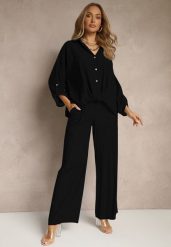 Czarny Komplet z Wiskozy w Stylu Oversize Szerokie Spodnie i Luźna Koszula na Guziki Natinne. Czarne koszule damskie Renee, bez wzorów, z wiskozy, biznesowe, bez kołnierzyka, bez ramiączek. Za 129.99 zł.