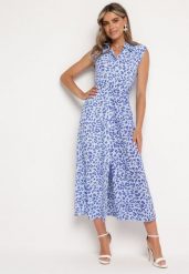 Niebieska Koszulowa Sukienka w Zwierzęcy Print Zapinana na Guziki z Materiałowym Paskiem Vespia. Niebieskie sukienki damskie Born2be, na imprezę, l, bez wzorów, z materiału, eleganckie, bez kołnierzyka, bez ramiączek, maxi, koszulowe. Za 129.99 zł.