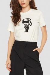 KARL LAGERFELD Beżowy damski t-shirt Ikon Sketch Karl. Brązowe t-shirty damskie KARL LAGERFELD, s, bez wzorów, z materiału, bez kołnierzyka, bez ramiączek. W wyprzedaży za 229.99 zł.