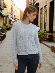 Ażurowy kardigan - szary. Szare kardigany damskie Sinsay, l, w ażurowe wzory, bez kołnierzyka. Za 59.99 zł.