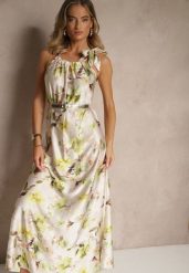 Zielona Sukienka z Satyny w Kwiatowy Wzór Fenimea. Zielone sukienki damskie Renee, na imprezę, na lato, s, bez wzorów, z satyny, eleganckie, bez kołnierzyka, bez ramiączek, maxi. Za 129.99 zł.