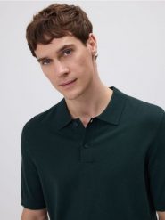 Sweter polo z wiskozą - ciemnozielony. Zielone swetry męskie Reserved, l, bez wzorów, z dzianiny, bez kołnierzyka, bez ramiączek. W wyprzedaży za 59.99 zł.
