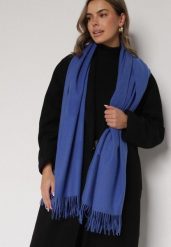 Niebieski Szalik z Bawełną i Wiskozą Ozdobiony Frędzlami Siadortia. Niebieskie szaliki damskie Born2be, bez wzorów, z bawełny. Za 49.99 zł.