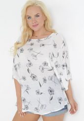 Biało-Szara Bluzka z Krótkim Rękawem w Kwiaty Neitta. Białe bluzki damskie Born2be, bez wzorów, z tkaniny, bez kołnierzyka, bez ramiączek. Za 44.99 zł.