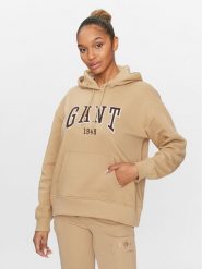 Gant Bluza Rel Logo Hoodie 4200726 Khaki Relaxed Fit. Brązowe bluzy damskie GANT, xxs, bez wzorów, z bawełny, bez ramiączek, bez kaptura. Za 339.99 zł.