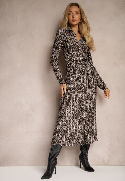 Brązowa Sukienka o Koszulowym Fasonie z Wiązanym Paskiem i Abstrakcyjnym Wzorem Sairina. Brązowe sukienki damskie Renee, na co dzień, l, bez wzorów, klasyczne, bez kołnierzyka, bez ramiączek, midi, koszulowe. Za 159.99 zł.