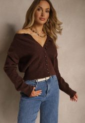 Brązowy Rozpinany Kardigan z Wełną Kornelira. Brązowe kardigany damskie Renee, bez wzorów, z jeansu, eleganckie, bez kołnierzyka. Za 139.99 zł.