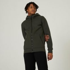 Bluza na zamek z kapturem męska Nyamba Gym & Pilates 520. Niebieskie bluzy męskie DOMYOS, m, bez wzorów, z bawełny, z kapturem, na fitness i siłownię. W wyprzedaży za 129.99 zł.