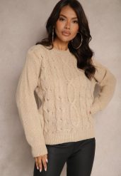 Ciemnobeżowy Sweter z Bawełną Ozdobiony Tłoczeniem Savariella. Brązowe swetry nierozpinane damskie Renee, bez wzorów, z bawełny, casualowe, bez kołnierzyka, bez ramiączek. Za 59.99 zł.