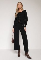 Czarny Dzianinowy Komplet z Wiskozą w Eleganckim Stylu Kardigan i Spodnie Delisana. Czarne kardigany damskie Born2be, m, bez wzorów, z dzianiny, eleganckie, bez kołnierzyka. Za 239.99 zł.