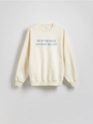 Bluza z nadrukiem - kremowy. Białe bluzy damskie Reserved, l, bez wzorów, z bawełny, bez ramiączek, bez kaptura. W wyprzedaży za 59.99 zł.