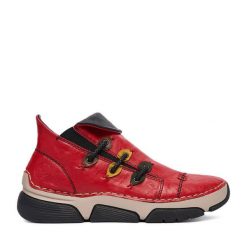 Botki Rieker. Czerwone botki damskie Rieker, bez wzorów, bez obcasa, na płaskiej podeszwie, bez zapięcia. Za 349.99 zł.