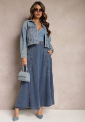 Granatowa Bawełniana Spódnica Maxi Rozkloszowana z Jeansu z Ozdobnym Łańcuszkiem Viralle. Niebieskie spódnice damskie Renee, na lato, s, bez wzorów, z bawełny, boho, maxi, rozkloszowane. Za 159.99 zł.